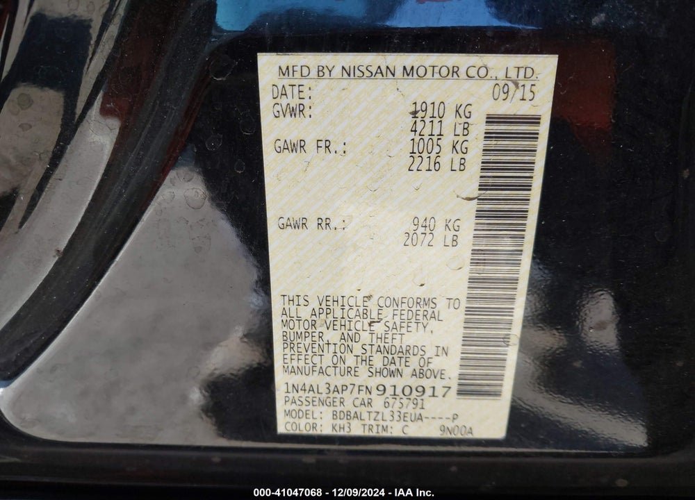 2015 NISSAN ALTIMA 2.5 SL VIN: 1N4AL3AP7FN910917
