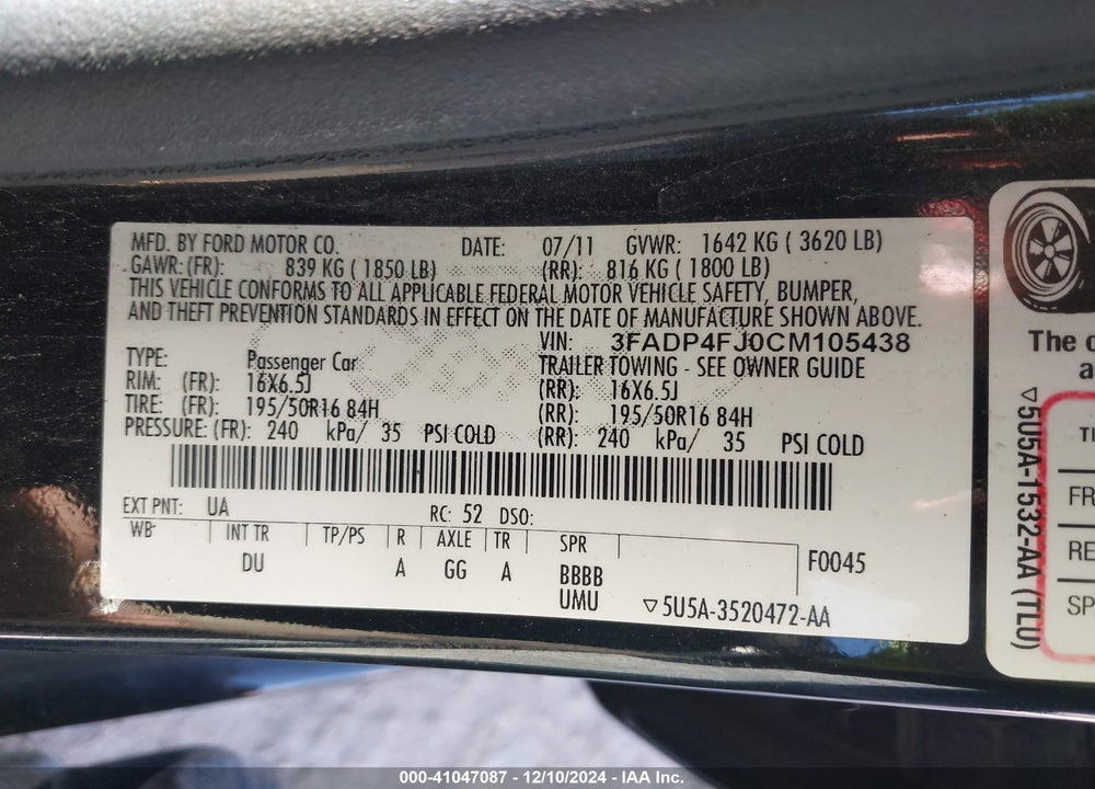 2012 FORD FIESTA SES VIN: 3FADP4FJ0CM105438