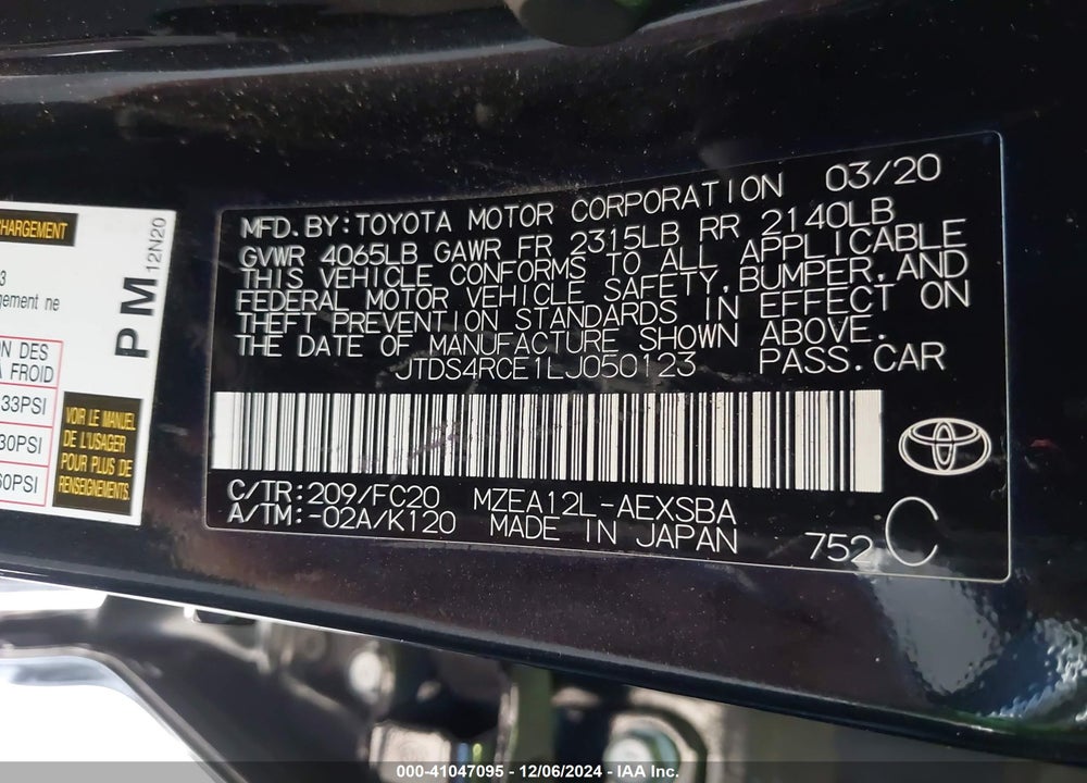 2020 TOYOTA COROLLA SE VIN: JTDS4RCE1LJ050123
