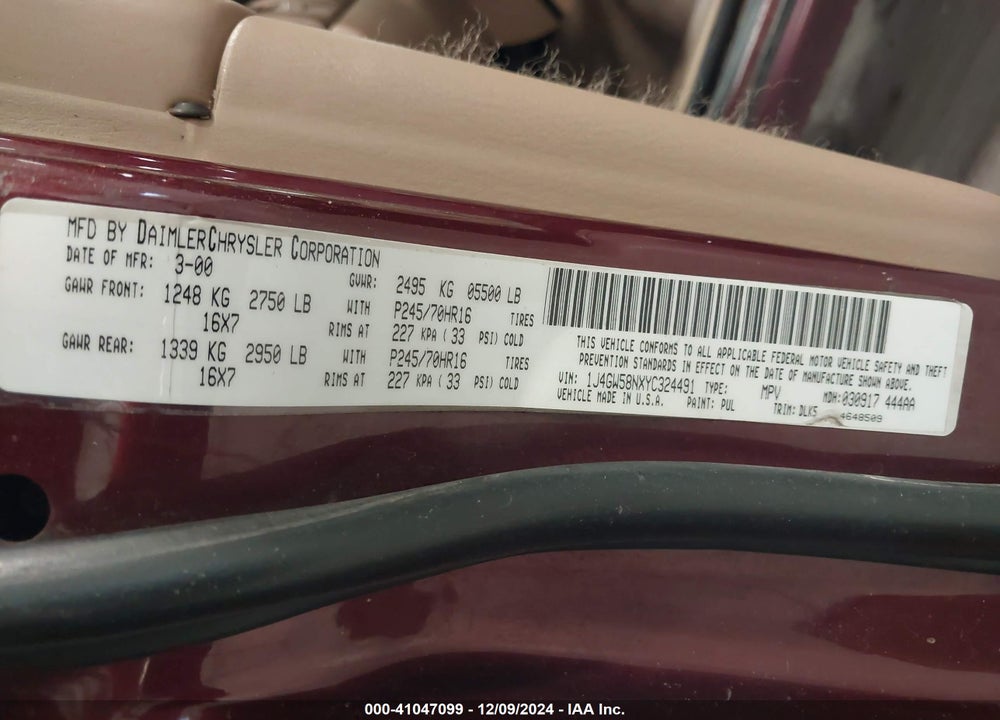 2000 JEEP GRAND CHEROKEE LIMITED VIN: 1J4GW58NXYC324491
