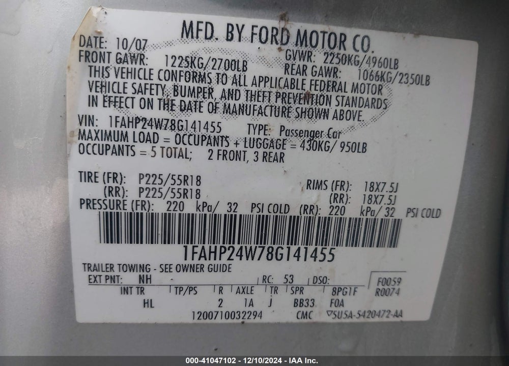 2008 FORD TAURUS SEL VIN: 1FAHP24W78G141455