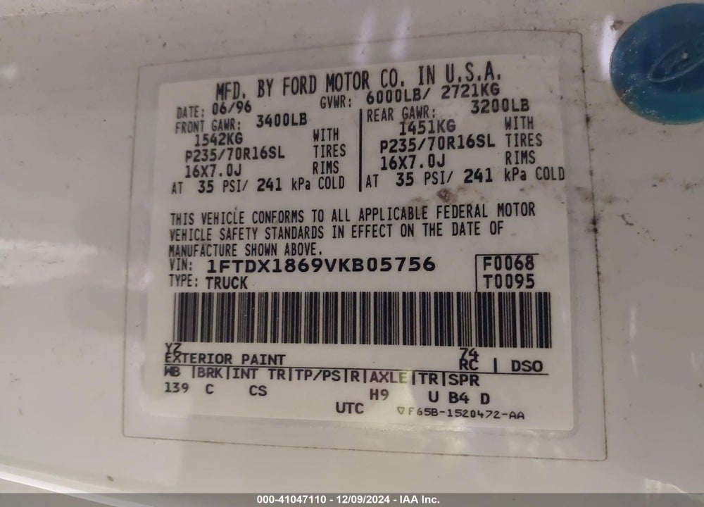 1997 FORD F-150 LARIAT/XL/XLT VIN: 1FTDX1869VKB05756