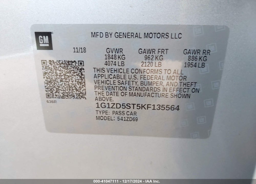 2019 CHEVROLET MALIBU LT VIN: 1G1ZD5ST5KF135564