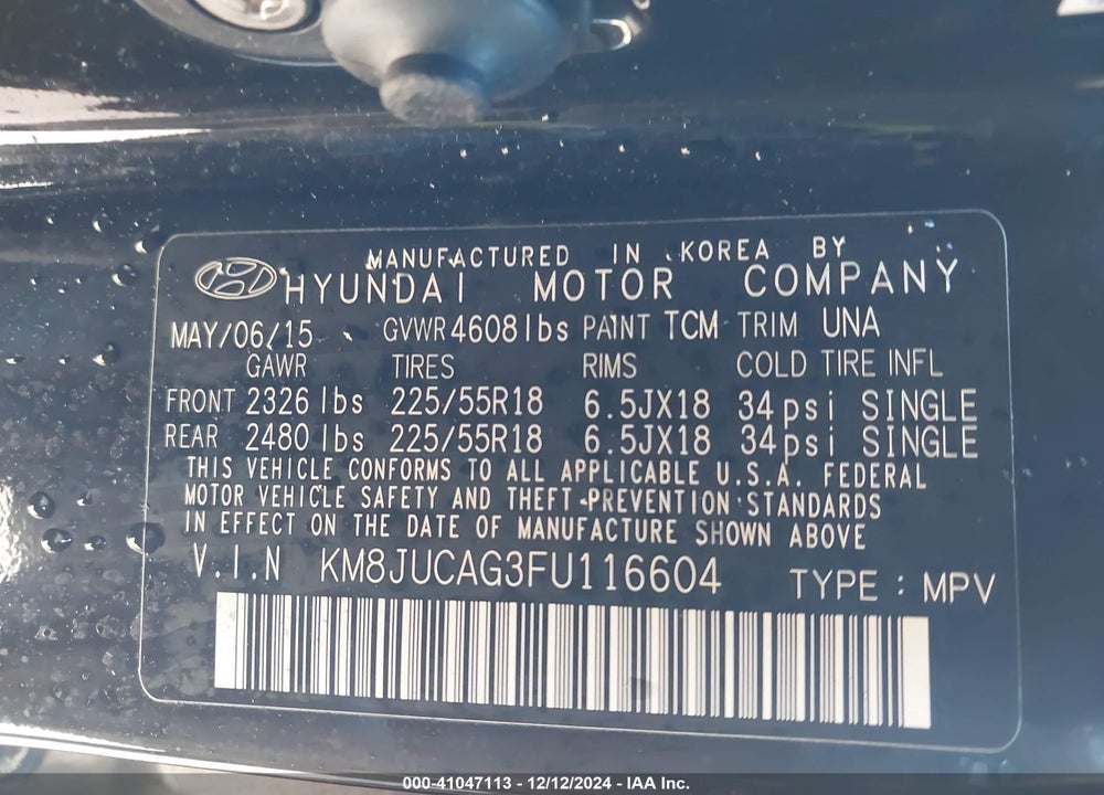 2015 HYUNDAI TUCSON LIMITED VIN: KM8JUCAG3FU116604