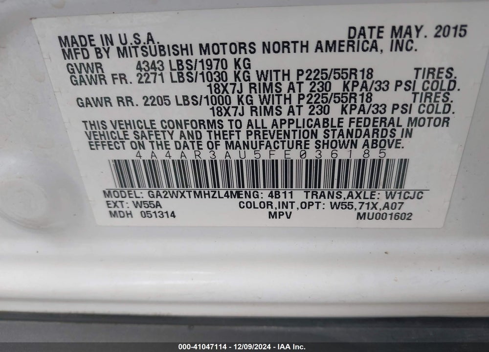 2015 MITSUBISHI OUTLANDER SPORT ES VIN: 4A4AR3AU5FE036185