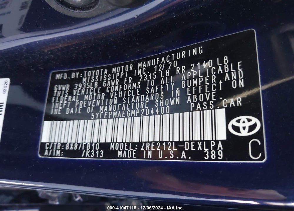 2021 TOYOTA COROLLA LE VIN: 5YFEPMAE6MP204400