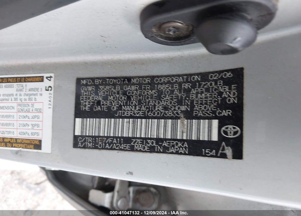 2006 TOYOTA COROLLA CE VIN: JTDBR32E160073833