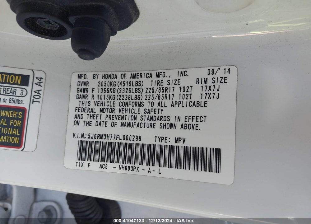 2015 HONDA CR-V EX-L VIN: 5J6RM3H77FL000299