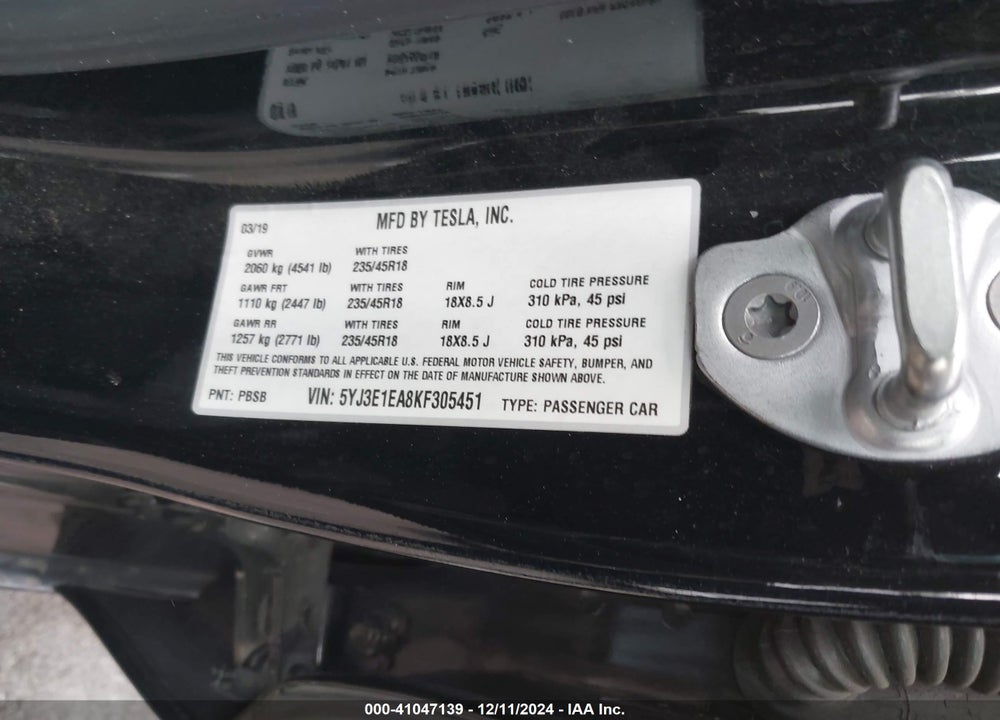 2019 TESLA MODEL 3 LONG RANGE/MID RANGE/STANDARD RANGE/STANDARD RANGE PLUS VIN: 5YJ3E1EA8KF305451