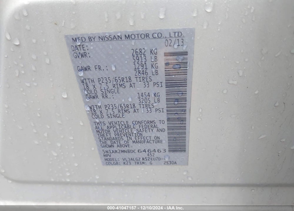 2013 NISSAN PATHFINDER SL VIN: 5N1AR2MN8DC646463