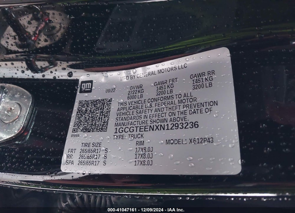 2022 CHEVROLET COLORADO 4WD SHORT BOX ZR2 VIN: 1GCGTEENXN1293236