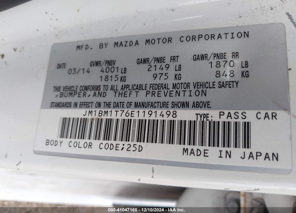 2014 MAZDA 3 I SV VIN: JM1BM1T76E1191498