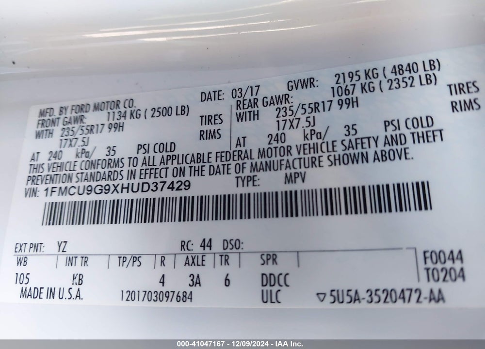 2017 FORD ESCAPE VIN: 1FMCU9G9XHUD37429