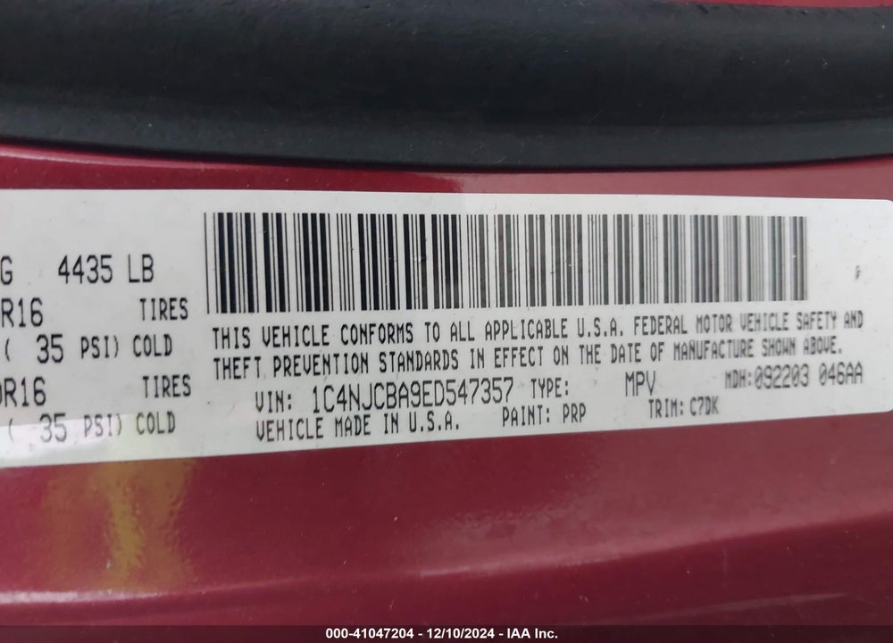 2014 JEEP COMPASS SPORT VIN: 1C4NJCBA9ED547357
