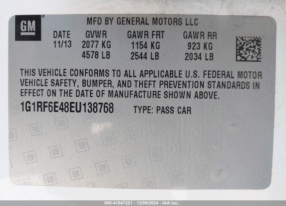2014 CHEVROLET VOLT VIN: 1G1RF6E48EU138768