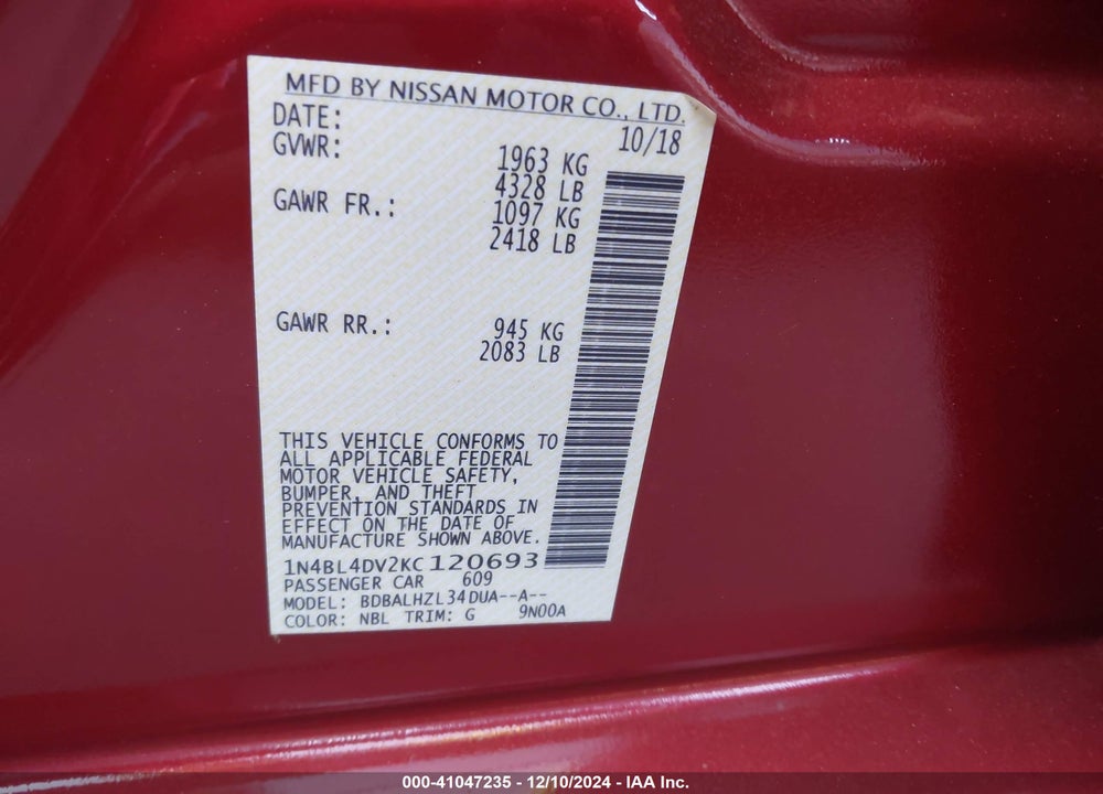 2019 NISSAN ALTIMA 2.5 SV VIN: 1N4BL4DV2KC120693