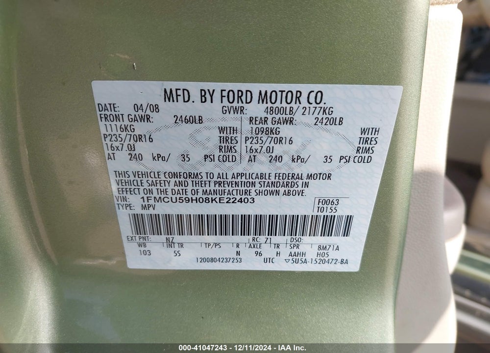 2008 FORD ESCAPE HYBRID VIN: 1FMCU59H08KE22403