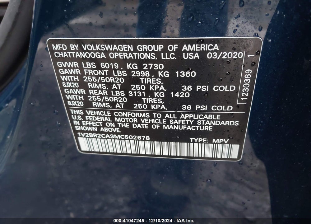 2021 VOLKSWAGEN ATLAS 3.6L V6 SEL VIN: 1V2BR2CA3MC502678