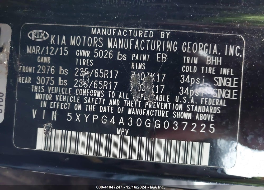 2016 KIA SORENTO 2.4L LX VIN: 5XYPG4A30GG037225