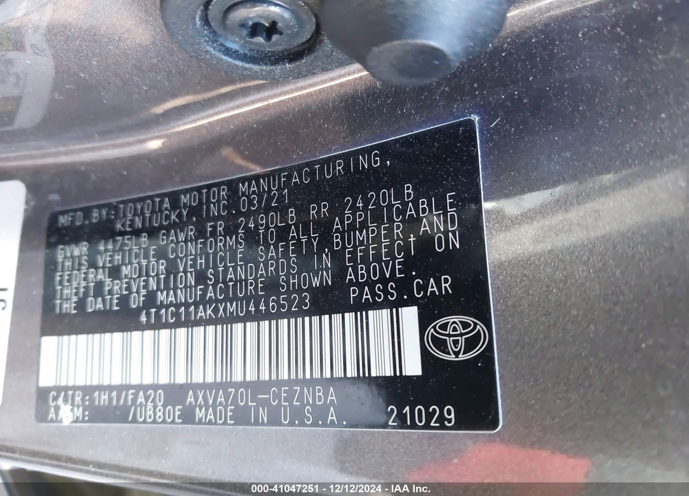 2021 TOYOTA CAMRY LE VIN: 4T1C11AKXMU446523