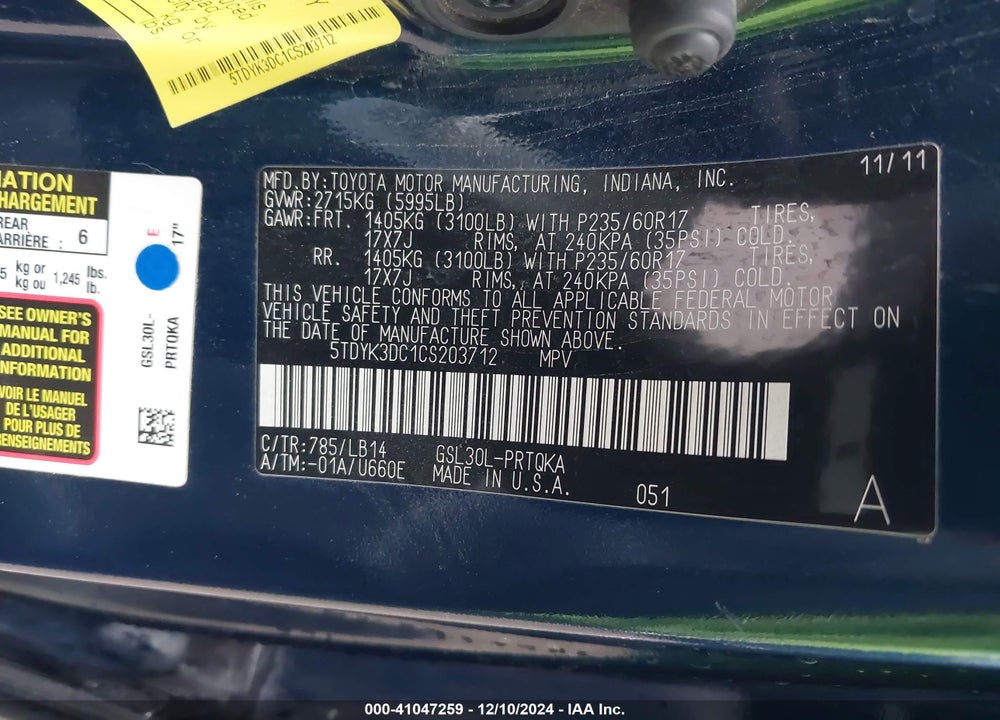 2012 TOYOTA SIENNA XLE V6 8 PASSENGER VIN: 5TDYK3DC1CS203712