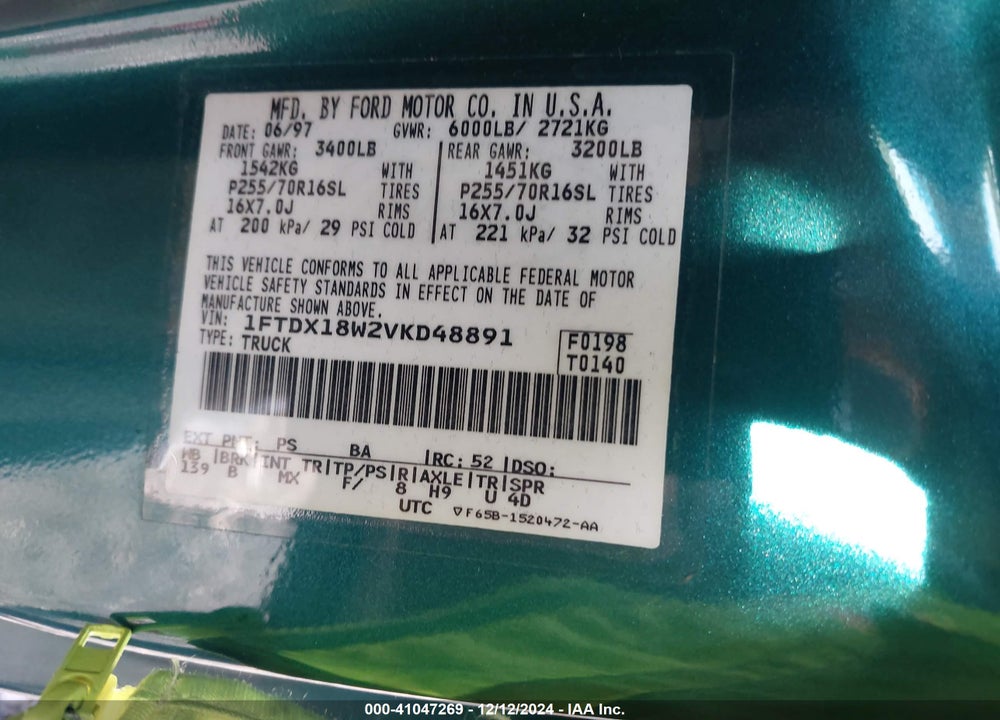 1997 FORD F-150 LARIAT/XL/XLT VIN: 1FTDX18W2VKD48891