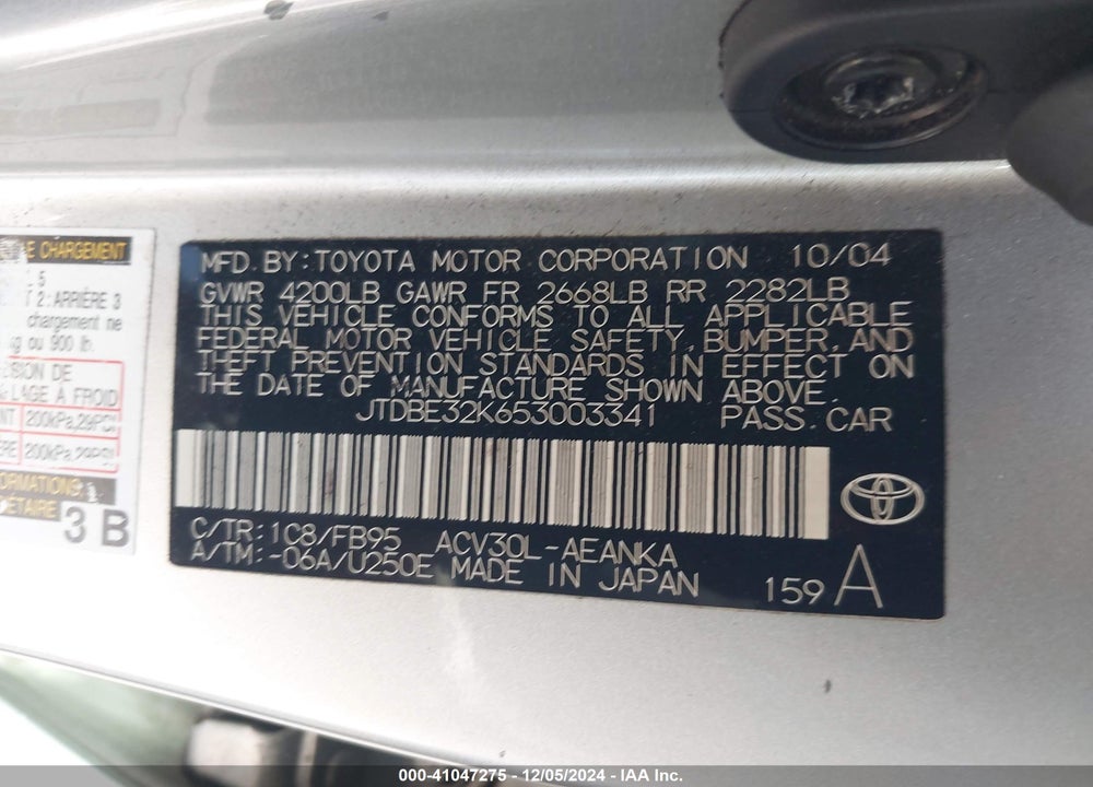 2005 TOYOTA CAMRY LE/SE/STD/XLE VIN: JTDBE32K653003341