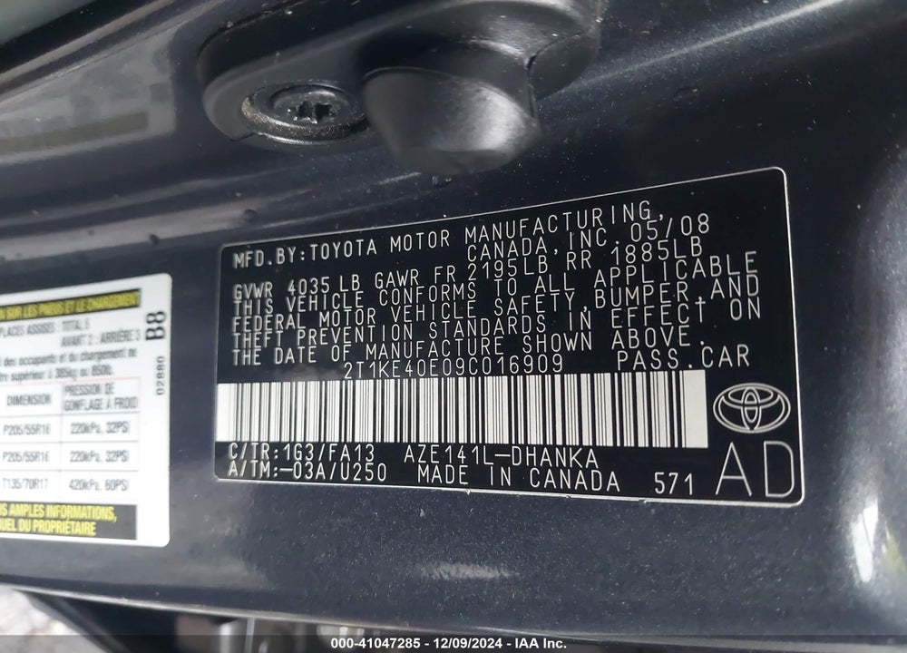 2009 TOYOTA MATRIX S VIN: 2T1KE40E09C016909