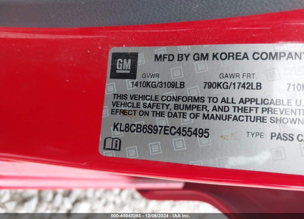 2014 CHEVROLET SPARK VIN: KL8CB6S97EC455495