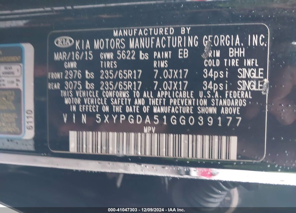 2016 KIA SORENTO 3.3L LX VIN: 5XYPGDA51GG039177
