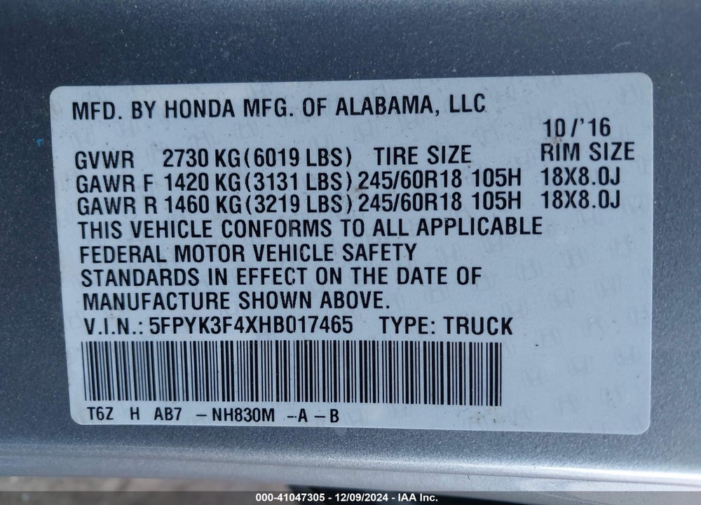 2017 HONDA RIDGELINE RTS VIN: 5FPYK3F4XHB017465