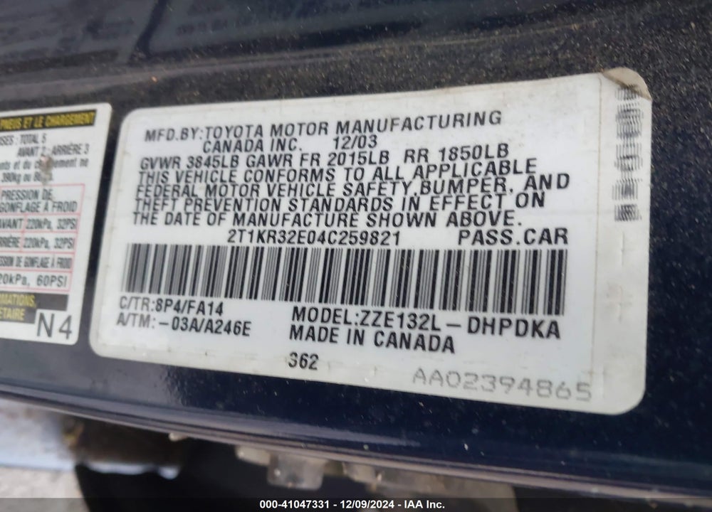 2004 TOYOTA MATRIX STANDARD VIN: 2T1KR32E04C259821