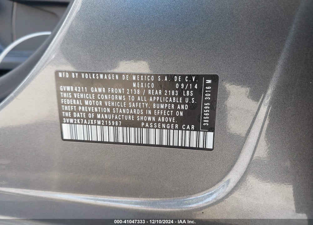2015 VOLKSWAGEN JETTA 2.0L S VIN: 3VW2K7AJXFM215987