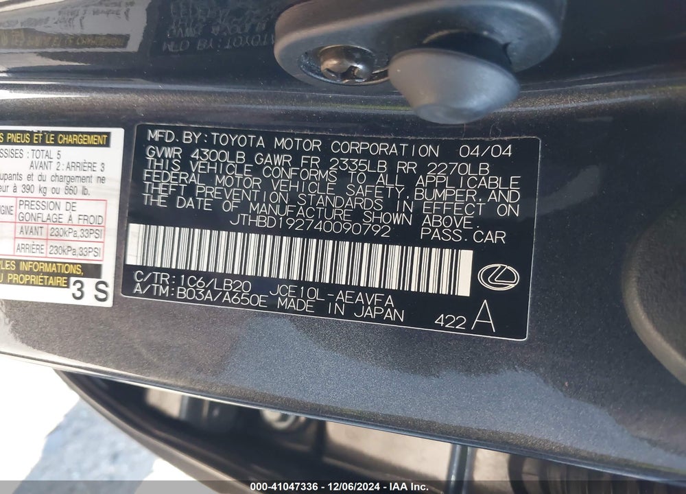2004 LEXUS IS 300 VIN: JTHBD192740090792