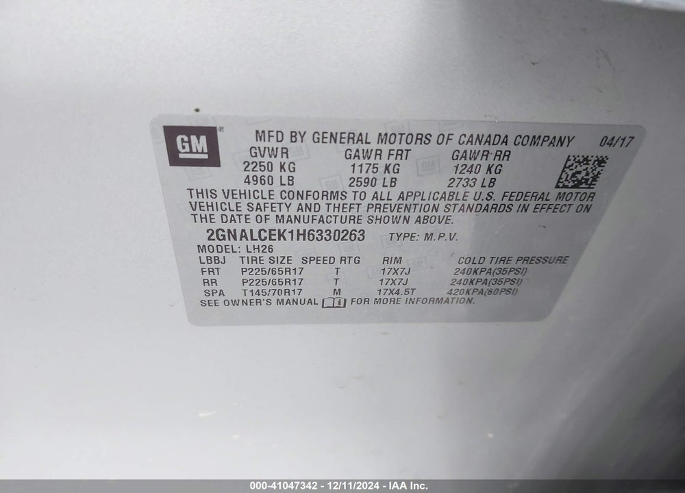 2017 CHEVROLET EQUINOX LT VIN: 2GNALCEK1H6330263