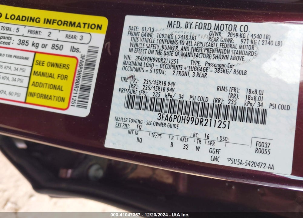2013 FORD FUSION SE VIN: 3FA6P0H99DR211251