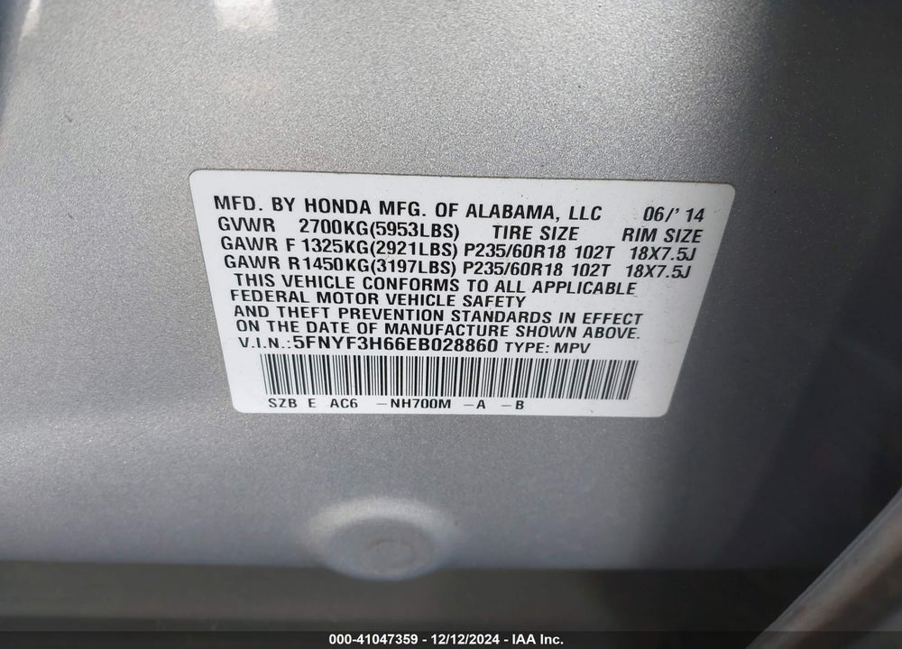 2014 HONDA PILOT EX-L VIN: 5FNYF3H66EB028860