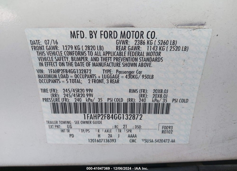2016 FORD TAURUS LIMITED VIN: 1FAHP2F84GG132872