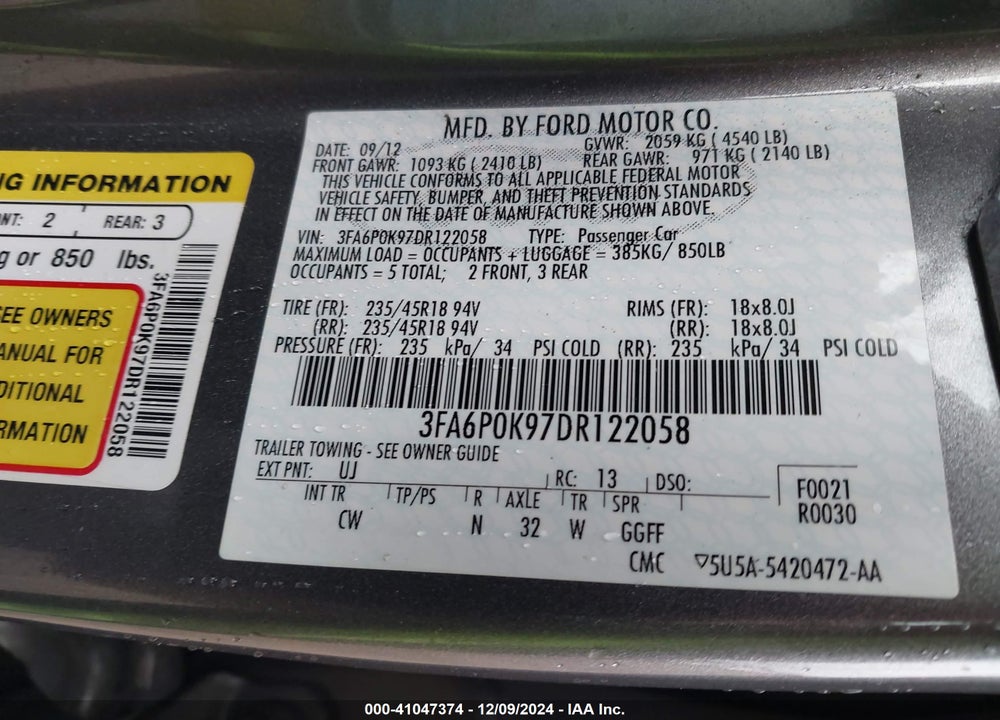 2013 FORD FUSION VIN: 3FA6P0K97DR122058