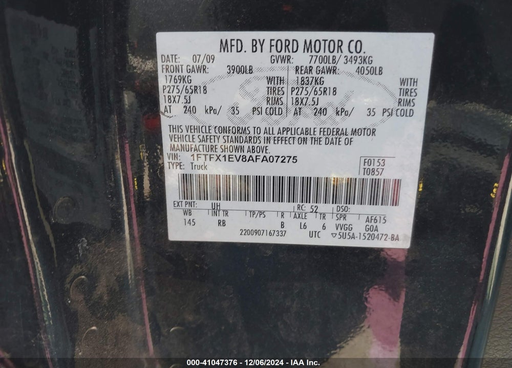 2010 FORD F-150 FX4/LARIAT/XL/XLT VIN: 1FTFX1EV8AFA07275