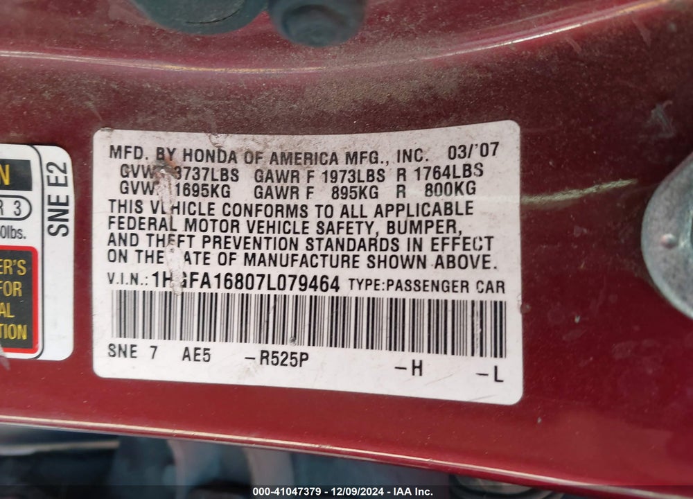 2007 HONDA CIVIC EX VIN: 1HGFA16807L079464