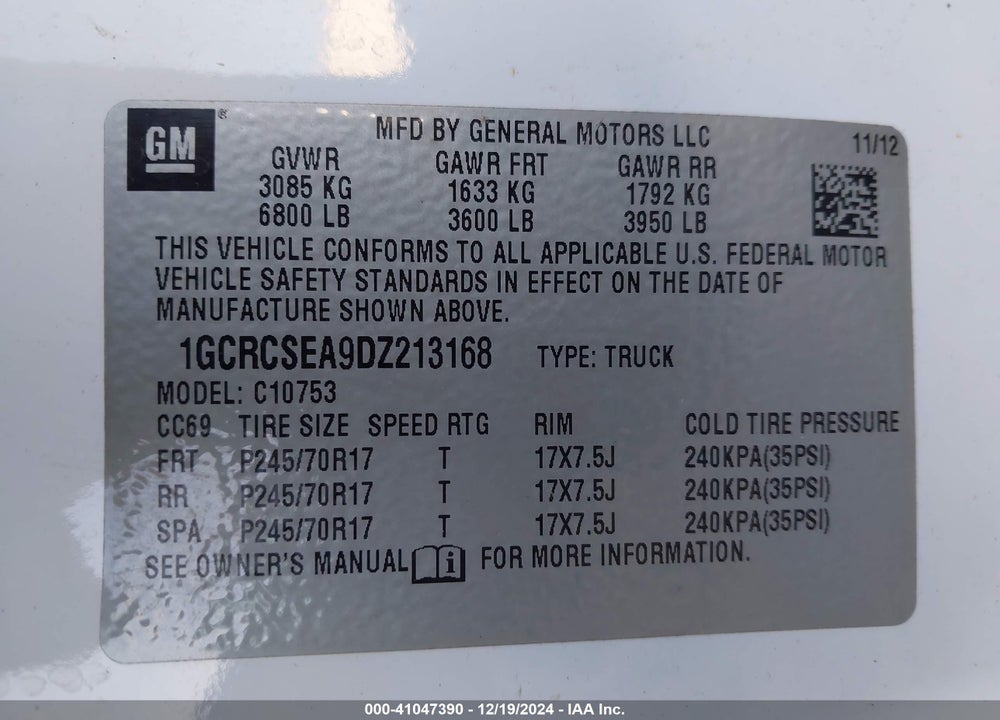 2013 CHEVROLET SILVERADO 1500 LT VIN: 1GCRCSEA9DZ213168