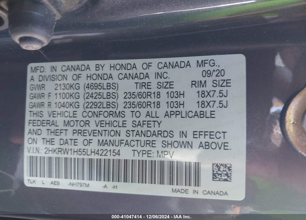 2020 HONDA CR-V 2WD EX VIN: 2HKRW1H55LH422154