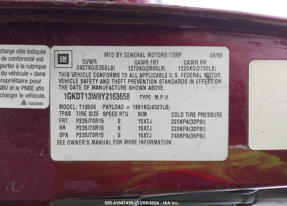2000 GMC JIMMY SLT VIN: 1GKDT13W8Y2163658