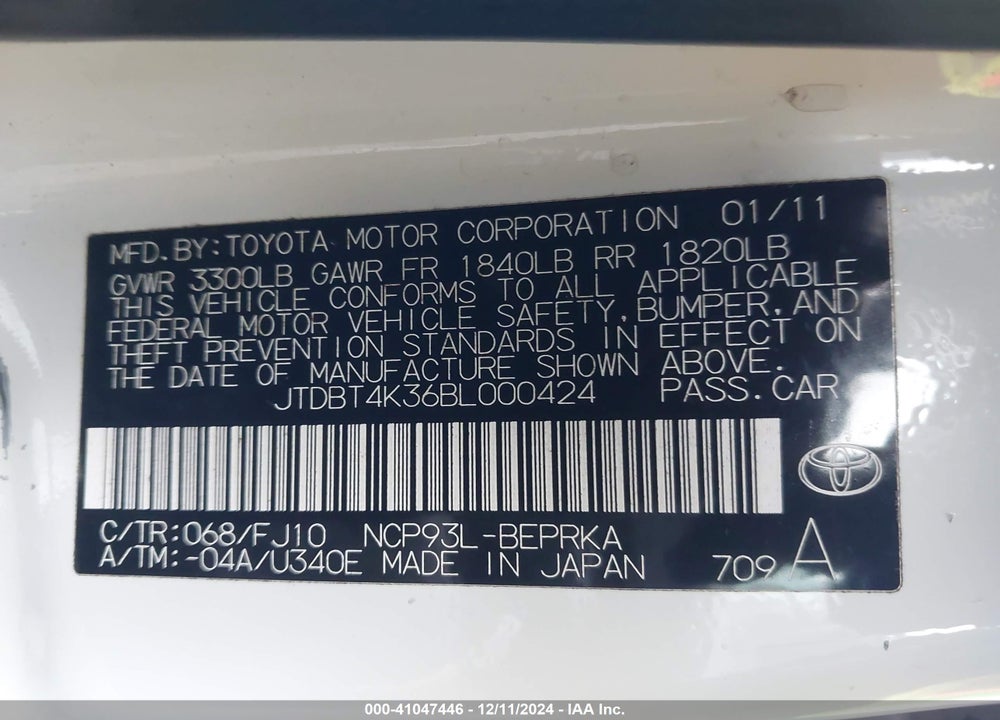 2011 TOYOTA YARIS VIN: JTDBT4K36BL000424