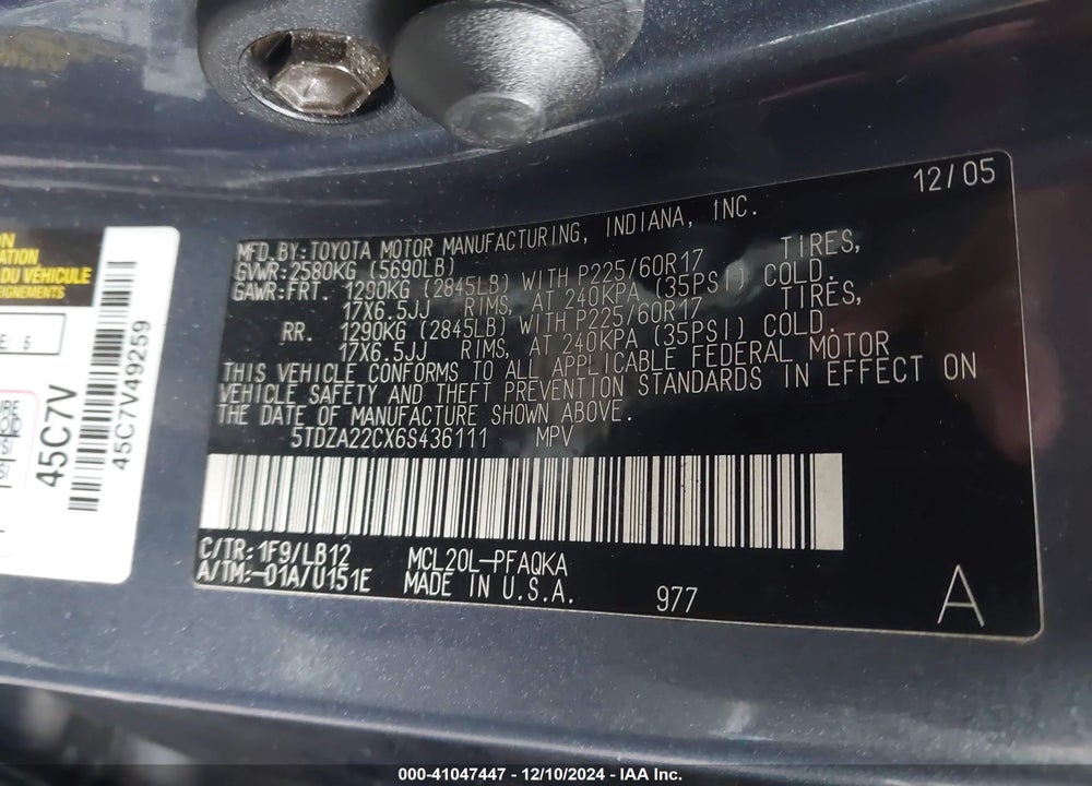 2006 TOYOTA SIENNA XLE VIN: 5TDZA22CX6S436111