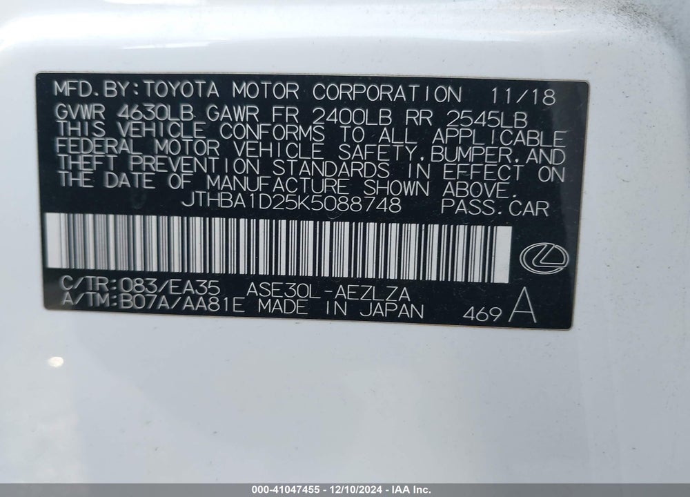 2019 LEXUS IS 300 VIN: JTHBA1D25K5088748