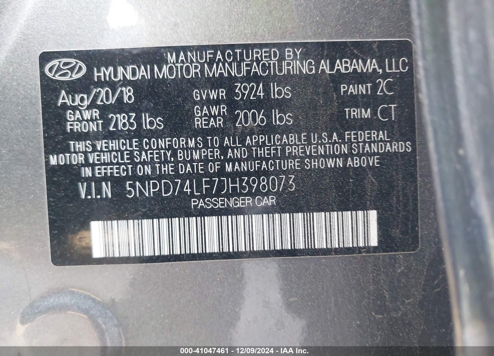 2018 HYUNDAI ELANTRA SE VIN: 5NPD74LF7JH398073