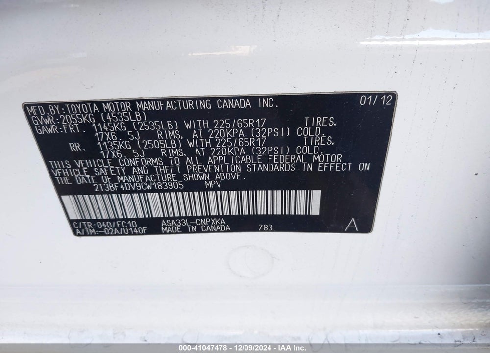 2012 TOYOTA RAV4 VIN: 2T3BF4DV9CW183905