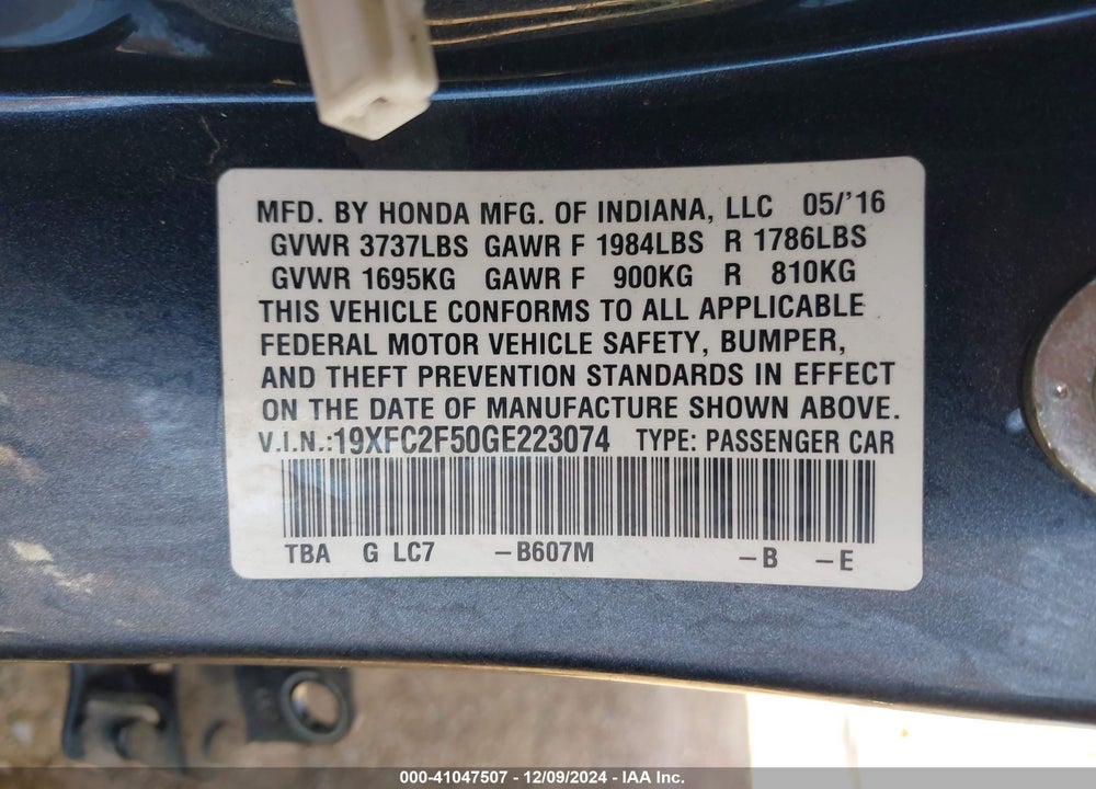 2016 HONDA CIVIC LX VIN: 19XFC2F50GE223074